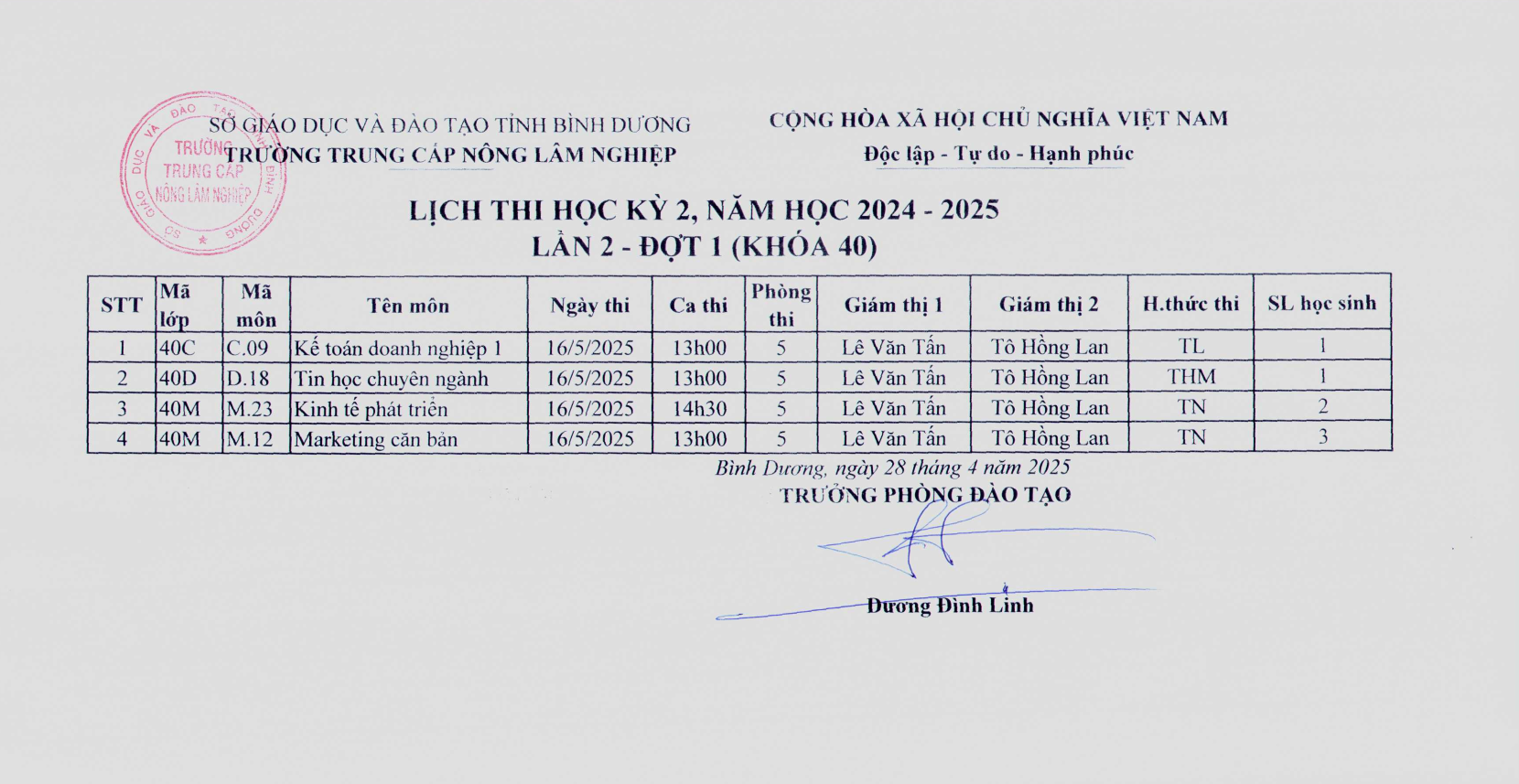 Lịch thi học kỳ 2, lần 2, đợt 1, khóa 40